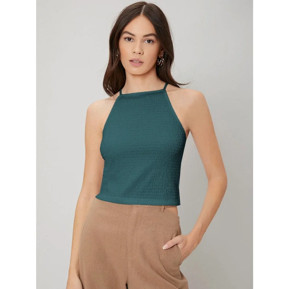 ruched SMOCKED DRAWSTRING backless CAMI crop TOP black - Picture 5 of 11